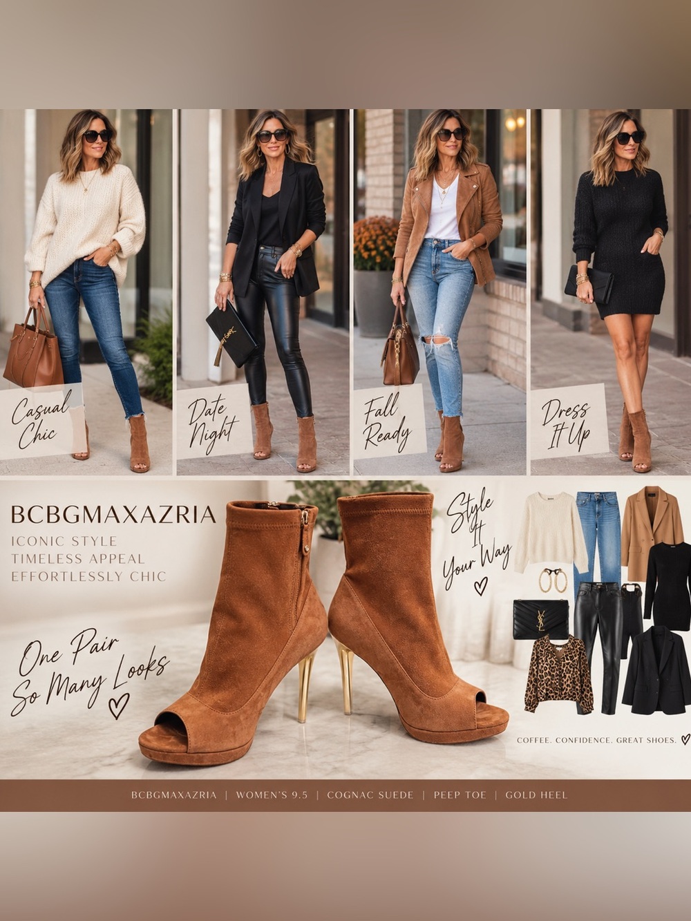 BCBGMAXAZRIA Women’s 9.5 Cognac Suede Peep Toe Sock Ankle Boots Gold Heels